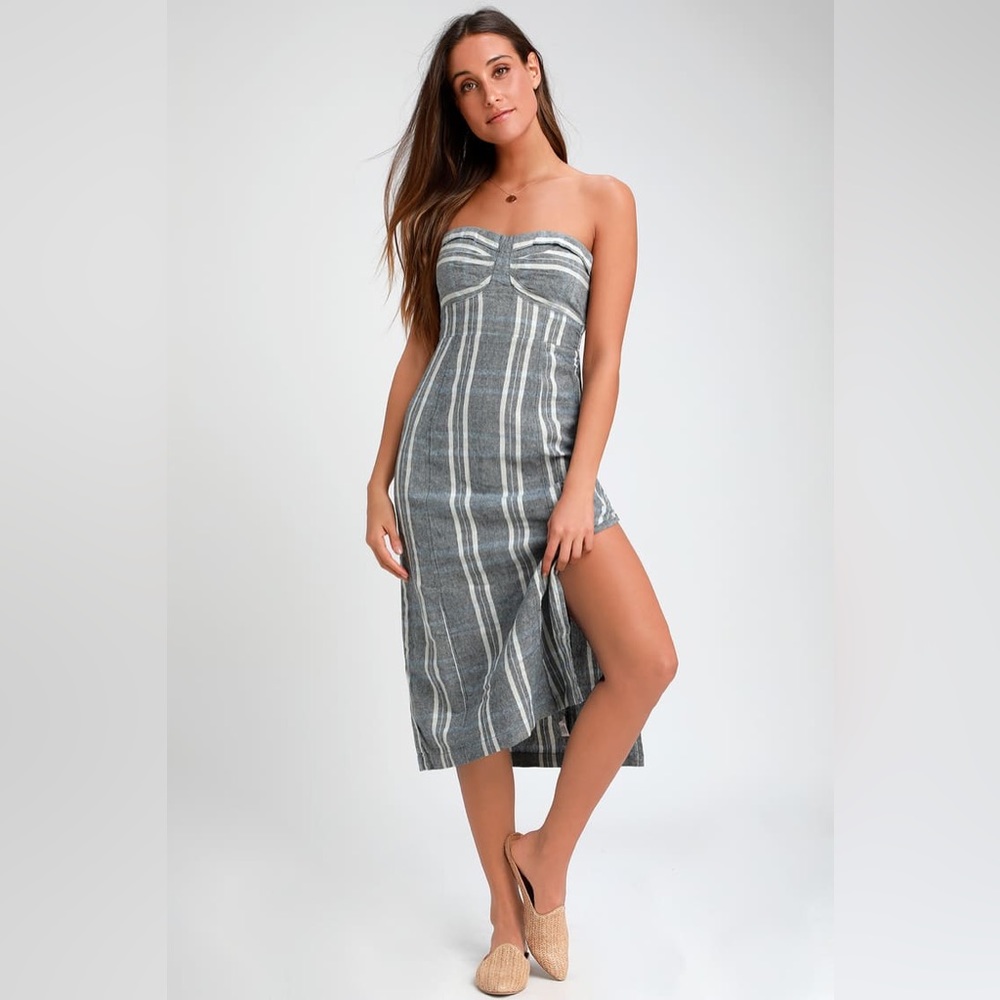 FREE PEOPLE, Life Like This Blue Plaid Strapless Midi Dress, S